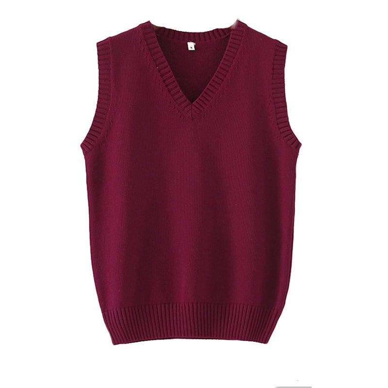 Betonsa Men Women Knitted Cotton V-Neck Vest JK Uniform Pullover Sleeveless Sweater School Cardigan Wine Red - Image 1